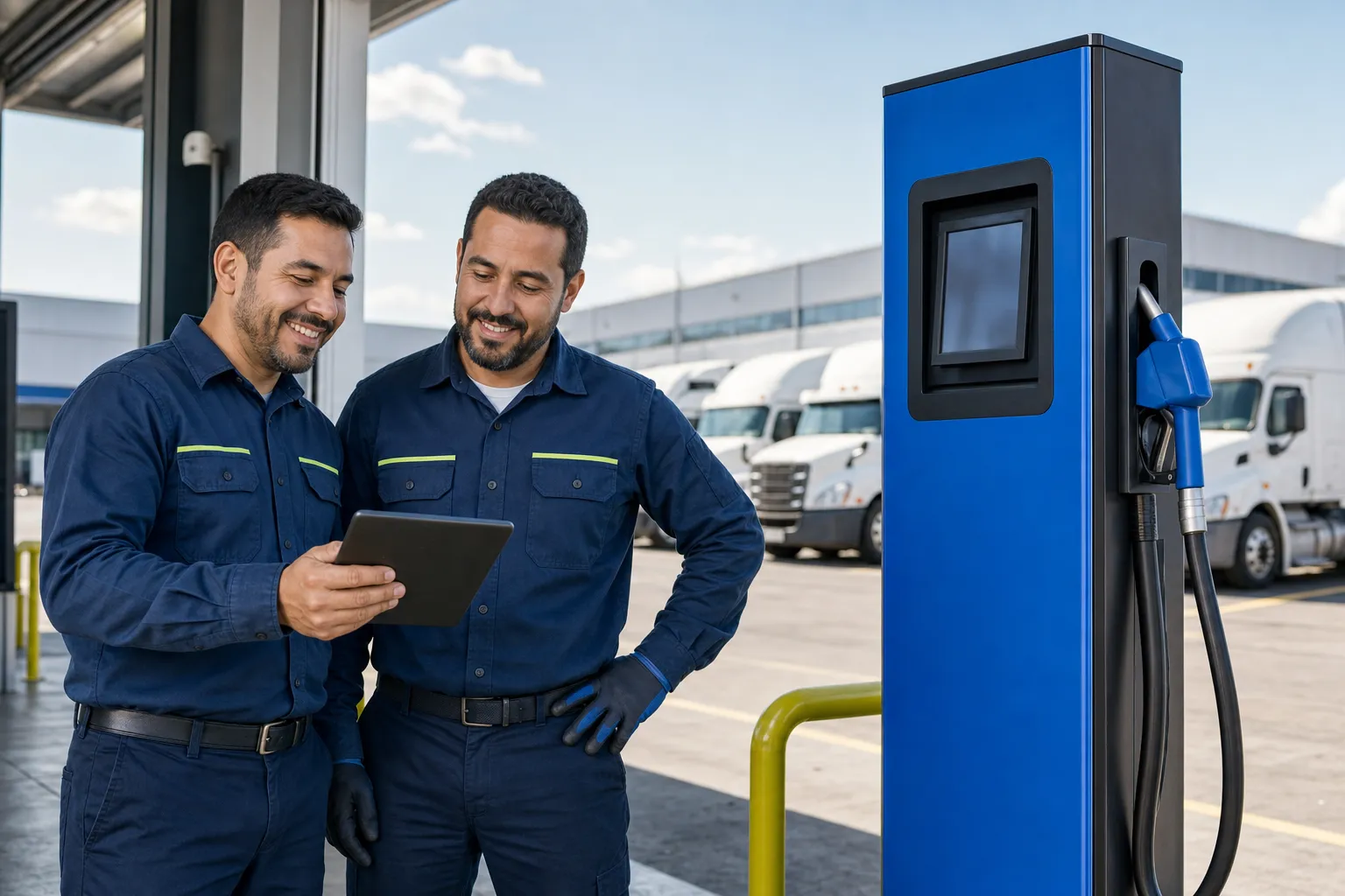 Operadores revisando datos de despacho junto a un dispensador azul Fluio Control