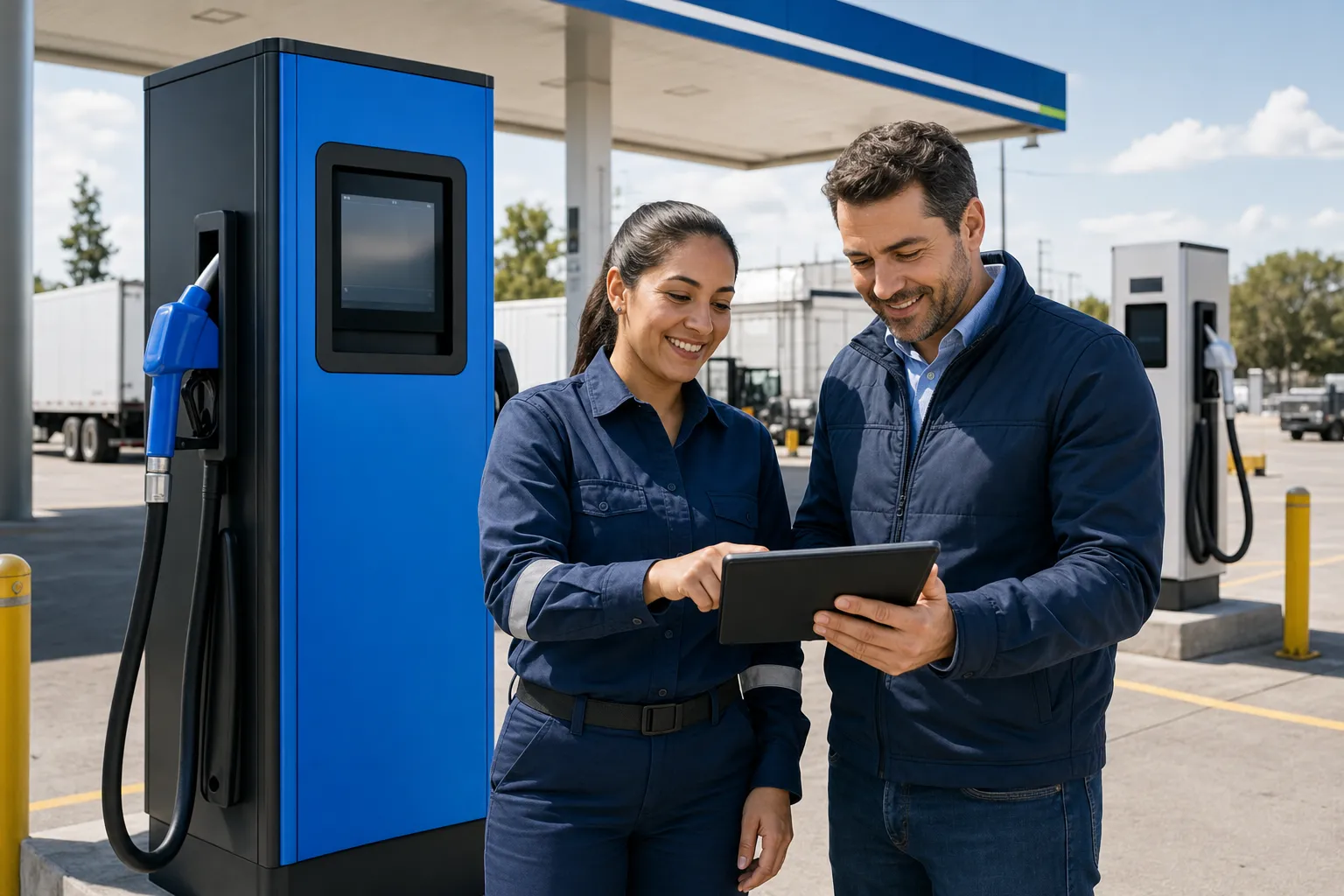 Gerente y operadora revisando una estación con dispensador azul Fluio Control
